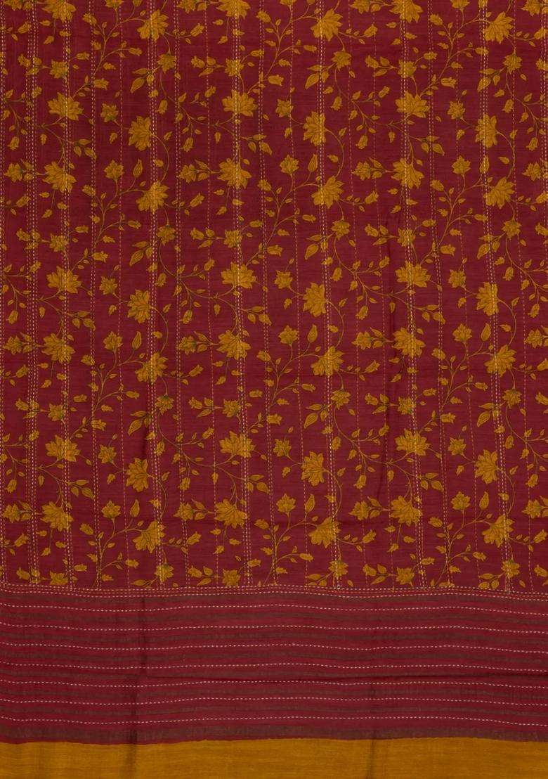 Crimson Woven Tussar Silk Saree With Stripes Printed Floral Motifs For Women - Indya