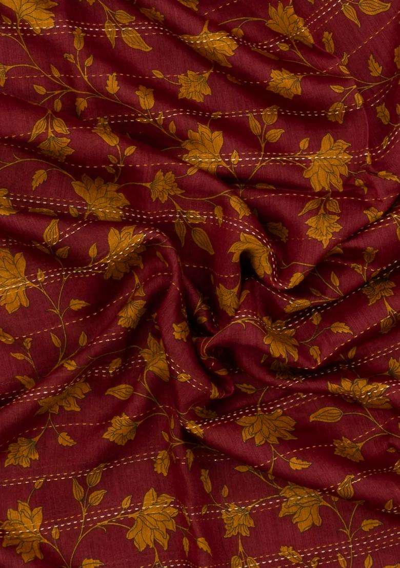 Crimson Woven Tussar Silk Saree With Stripes Printed Floral Motifs For Women - Indya