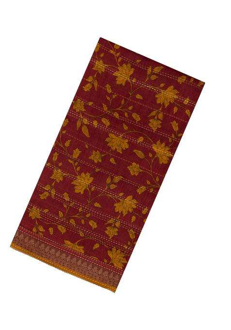 Crimson Woven Tussar Silk Saree With Stripes Printed Floral Motifs For Women