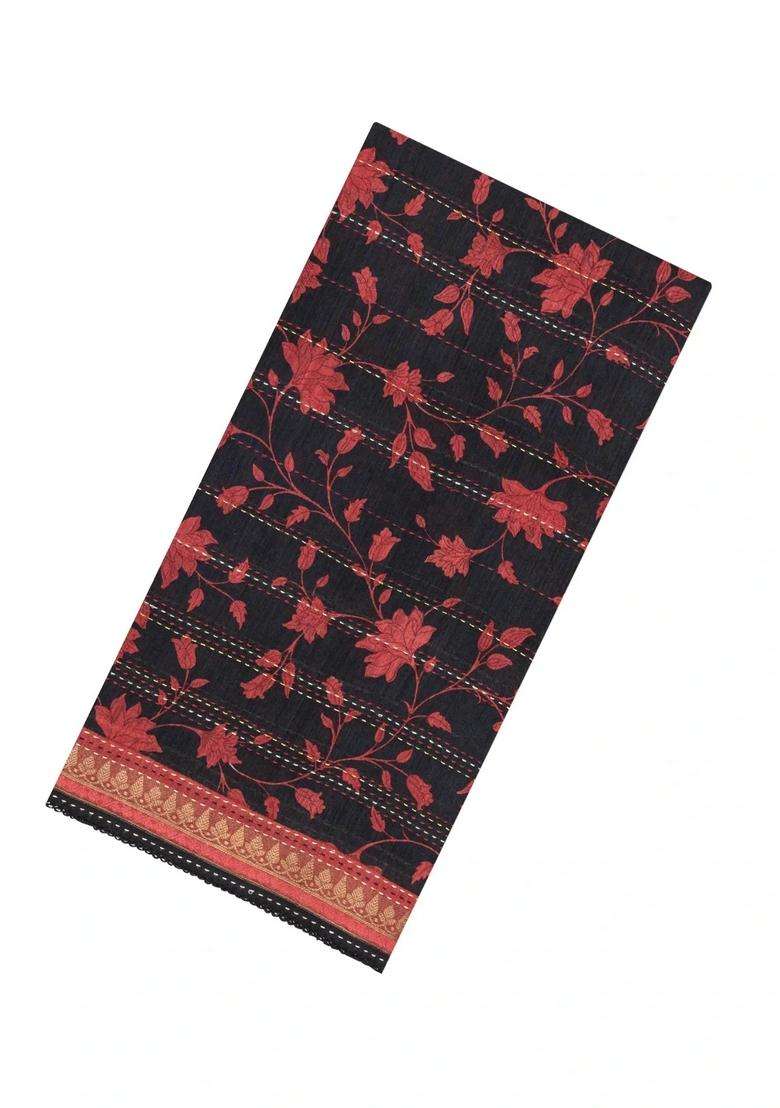 Black Woven Tussar Silk Saree With Stripes Printed Floral Motifs For Women - Indya