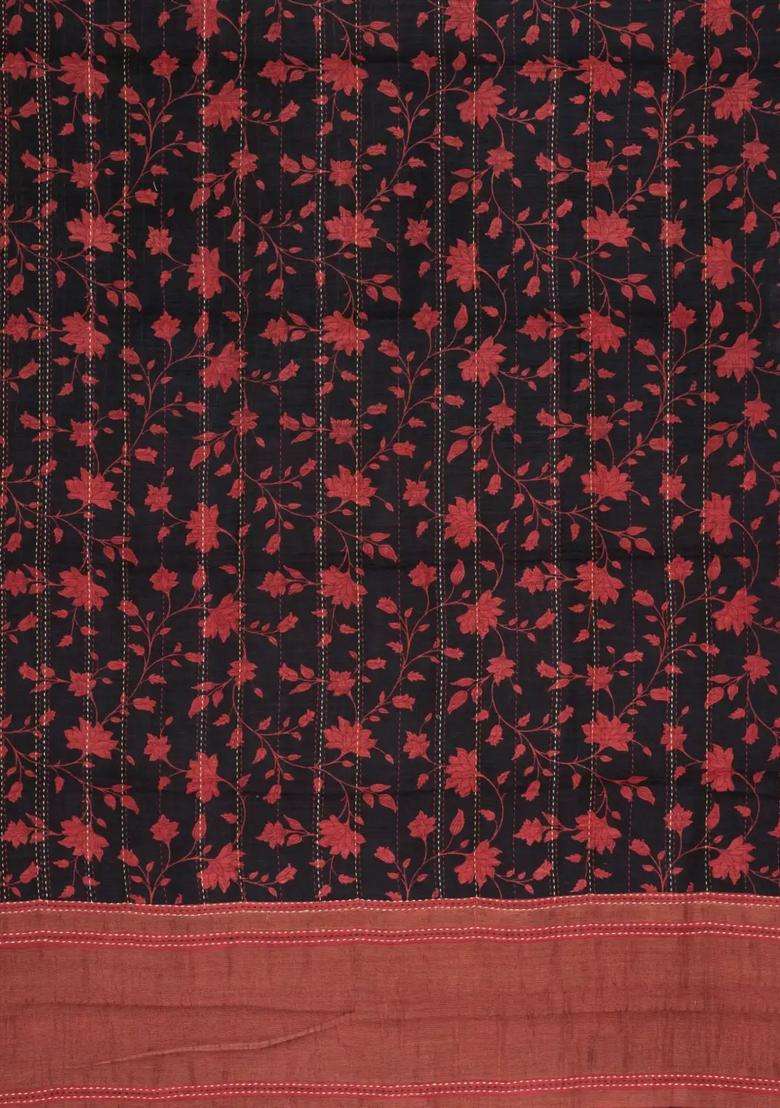 Black Woven Tussar Silk Saree With Stripes Printed Floral Motifs For Women - Indya