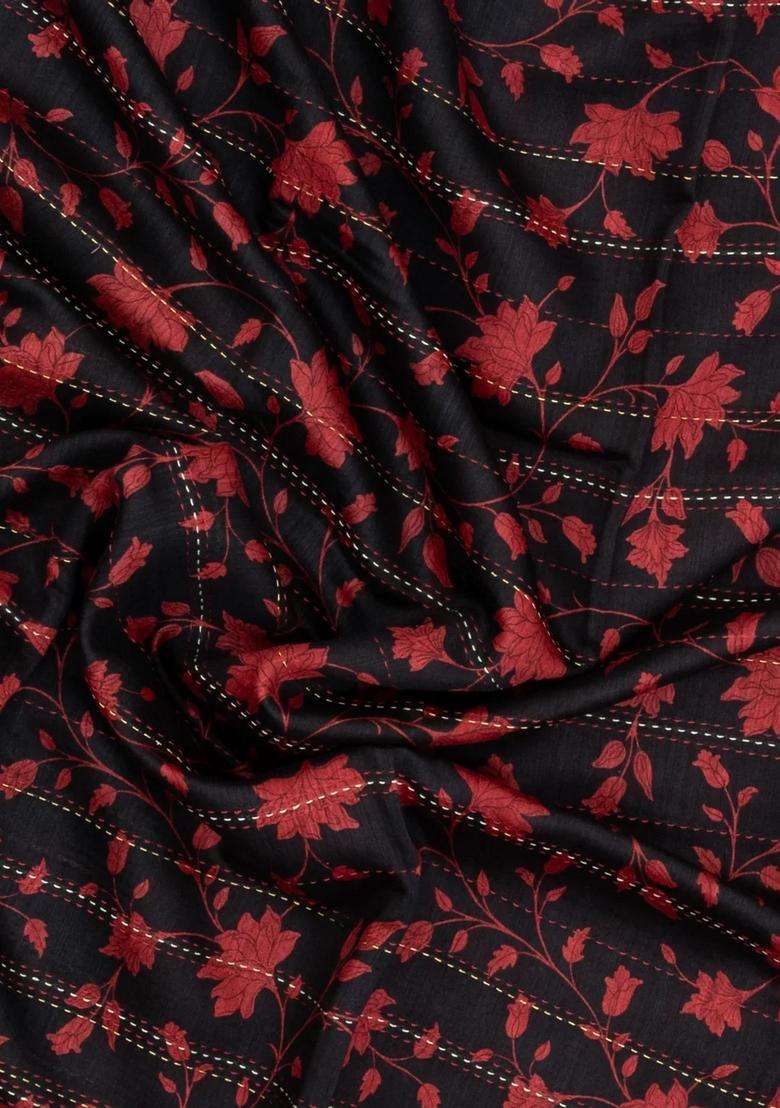 Black Woven Tussar Silk Saree With Stripes Printed Floral Motifs For Women - Indya
