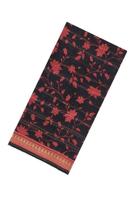 Black Woven Tussar Silk Saree With Stripes Printed Floral Motifs For Women