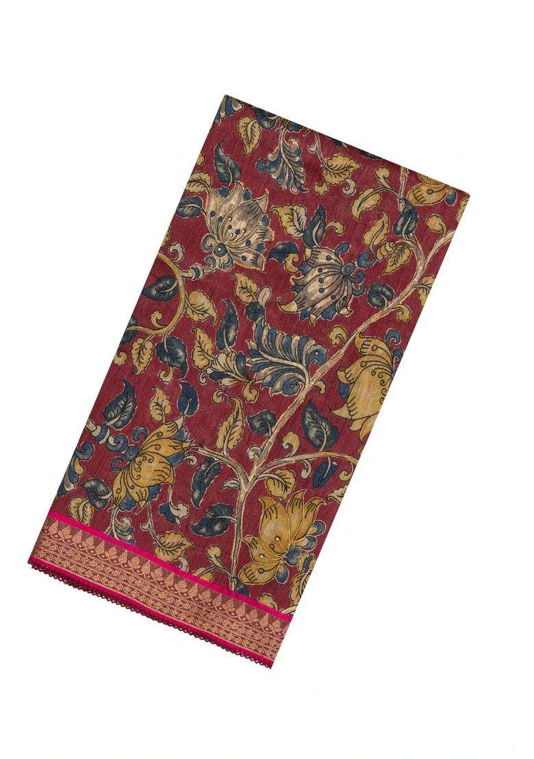 Crimson Woven Tussar Silk Saree With Printed Floral Vine Motifs For Women - Indya