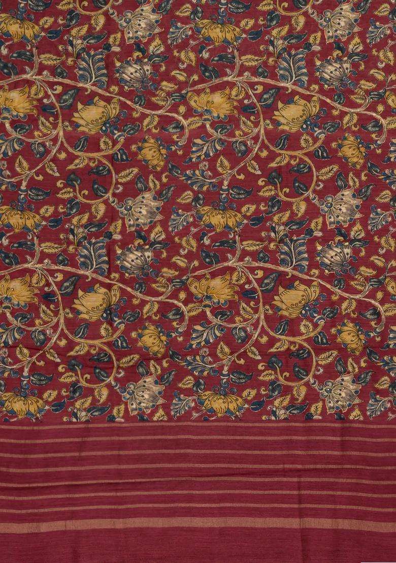 Crimson Woven Tussar Silk Saree With Printed Floral Vine Motifs For Women - Indya