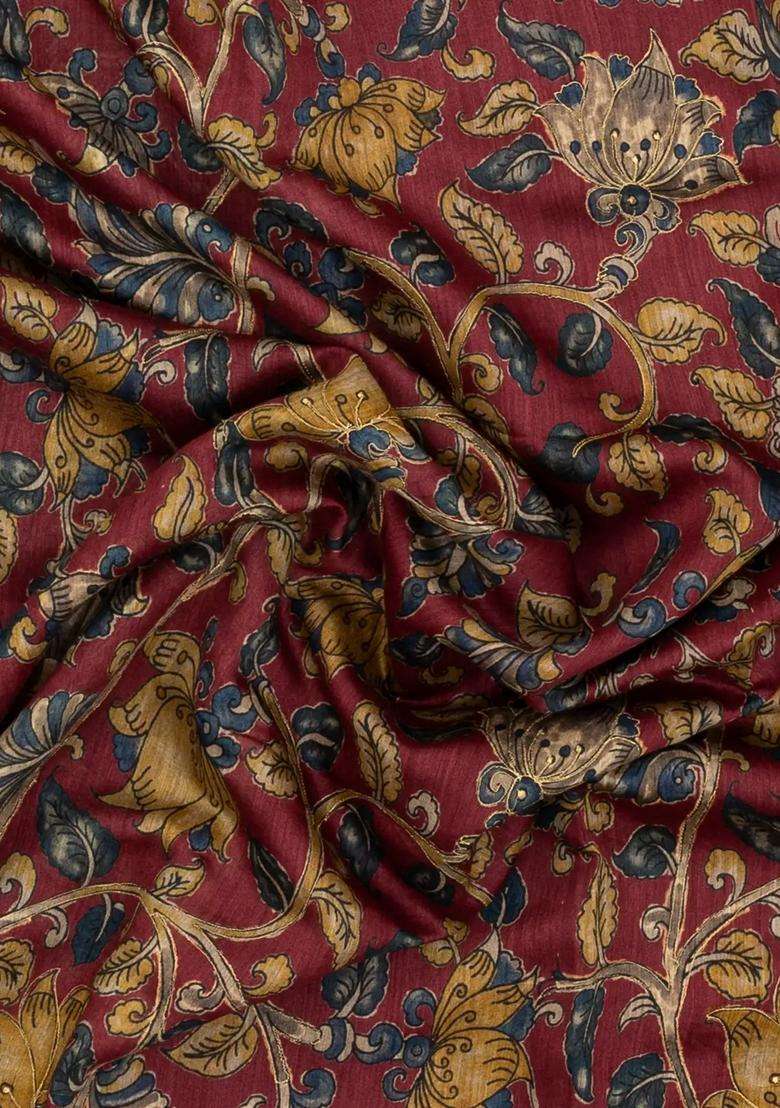 Crimson Woven Tussar Silk Saree With Printed Floral Vine Motifs For Women - Indya
