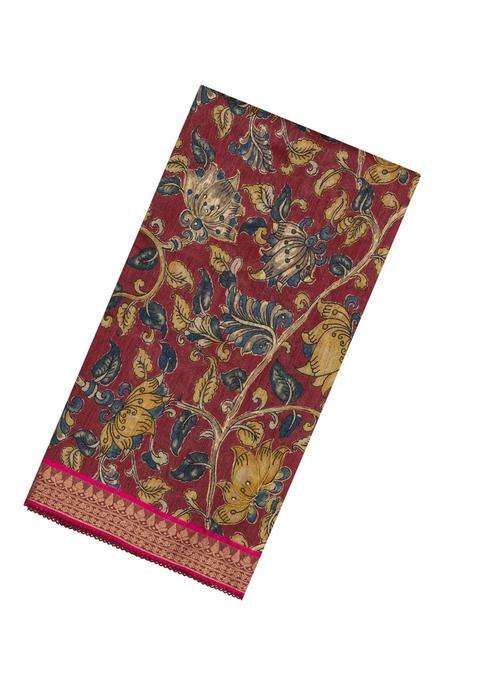 Crimson Woven Tussar Silk Saree With Printed Floral Vine Motifs For Women