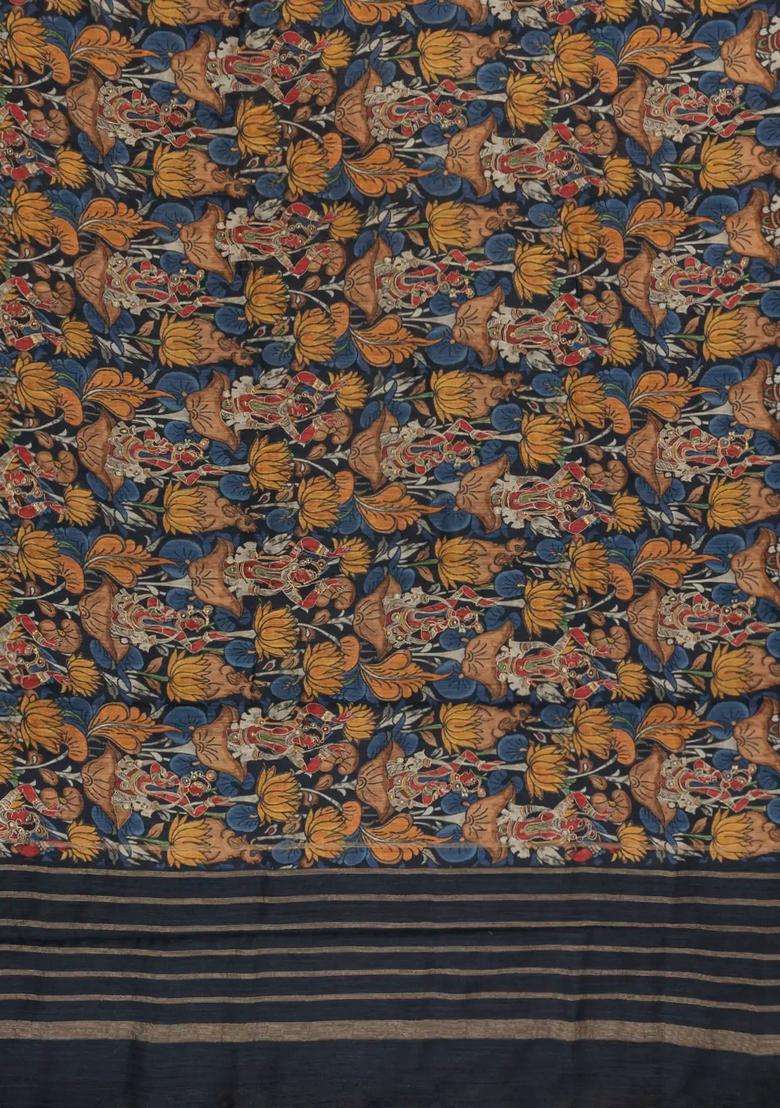 Steel Blue Woven Tussar Silk Saree With Printed Goddess Motifs For Women - Indya