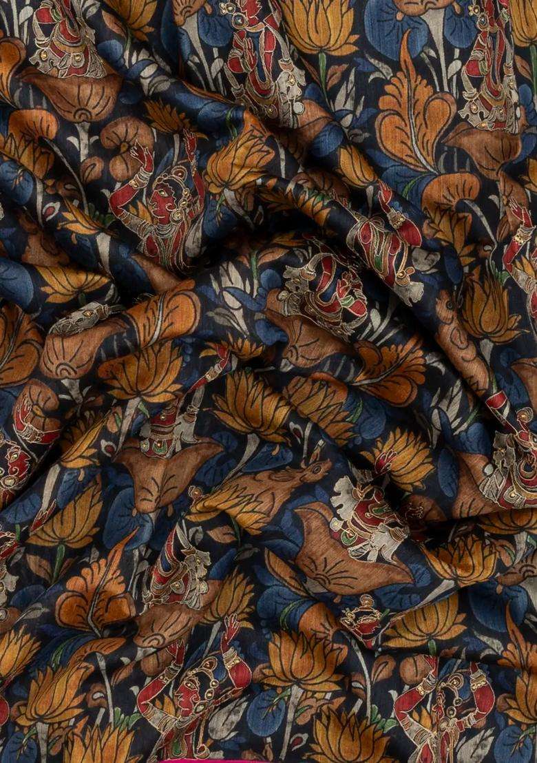 Steel Blue Woven Tussar Silk Saree With Printed Goddess Motifs For Women - Indya