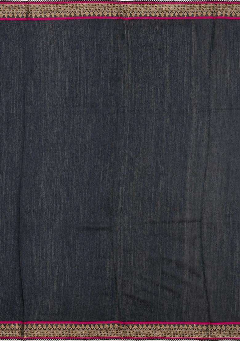 Steel Blue Woven Tussar Silk Saree With Printed Goddess Motifs For Women - Indya