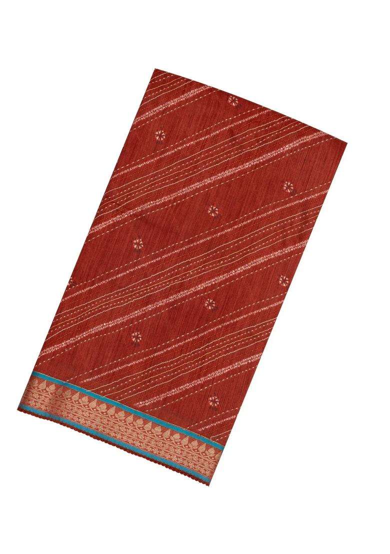 Red Woven Tussar Silk Saree With Printed Diagonal Stripes For Women - Indya