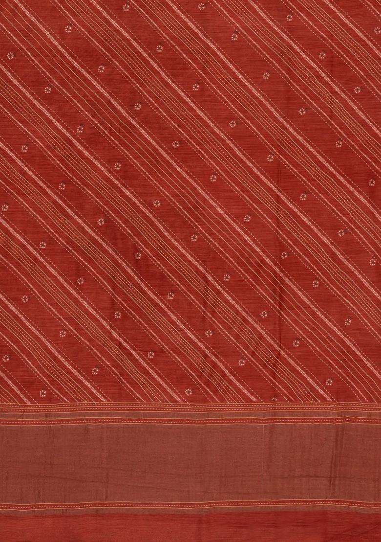 Red Woven Tussar Silk Saree With Printed Diagonal Stripes For Women - Indya