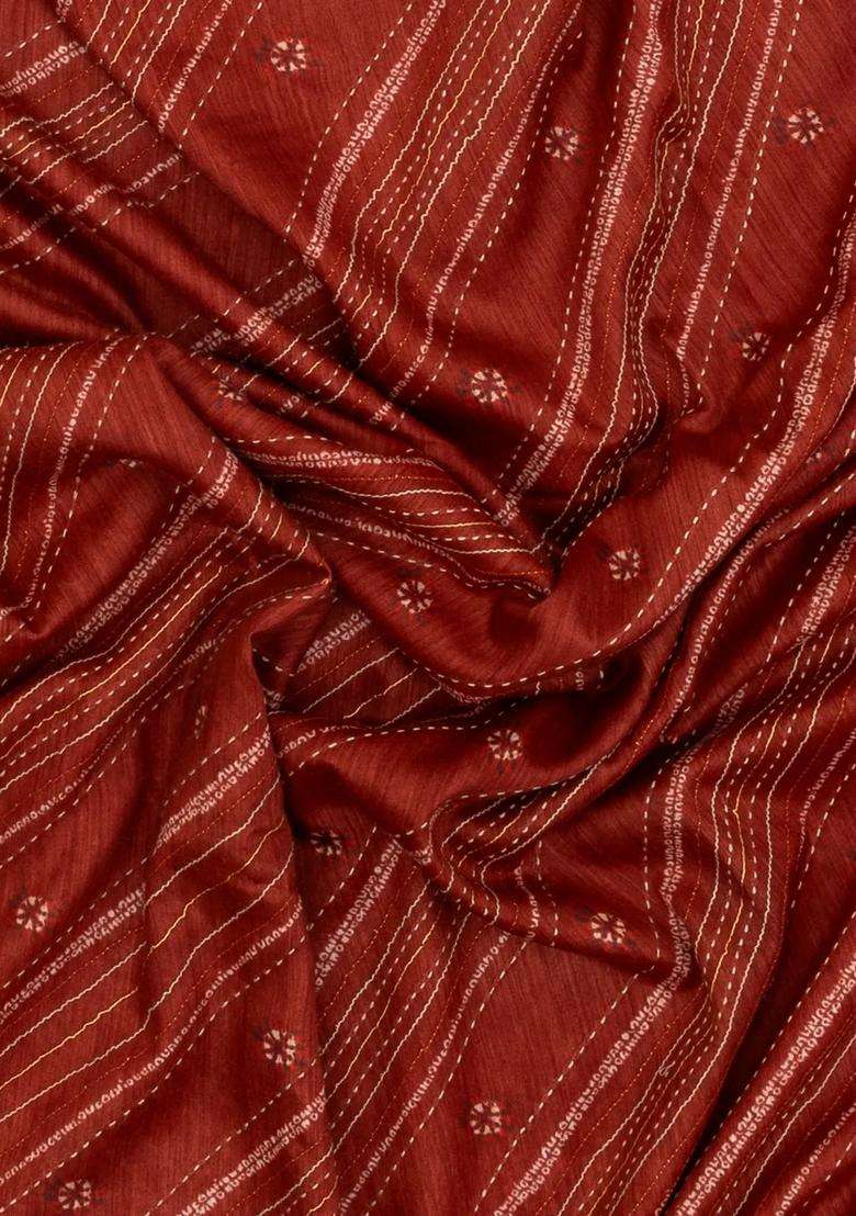 Red Woven Tussar Silk Saree With Printed Diagonal Stripes For Women - Indya