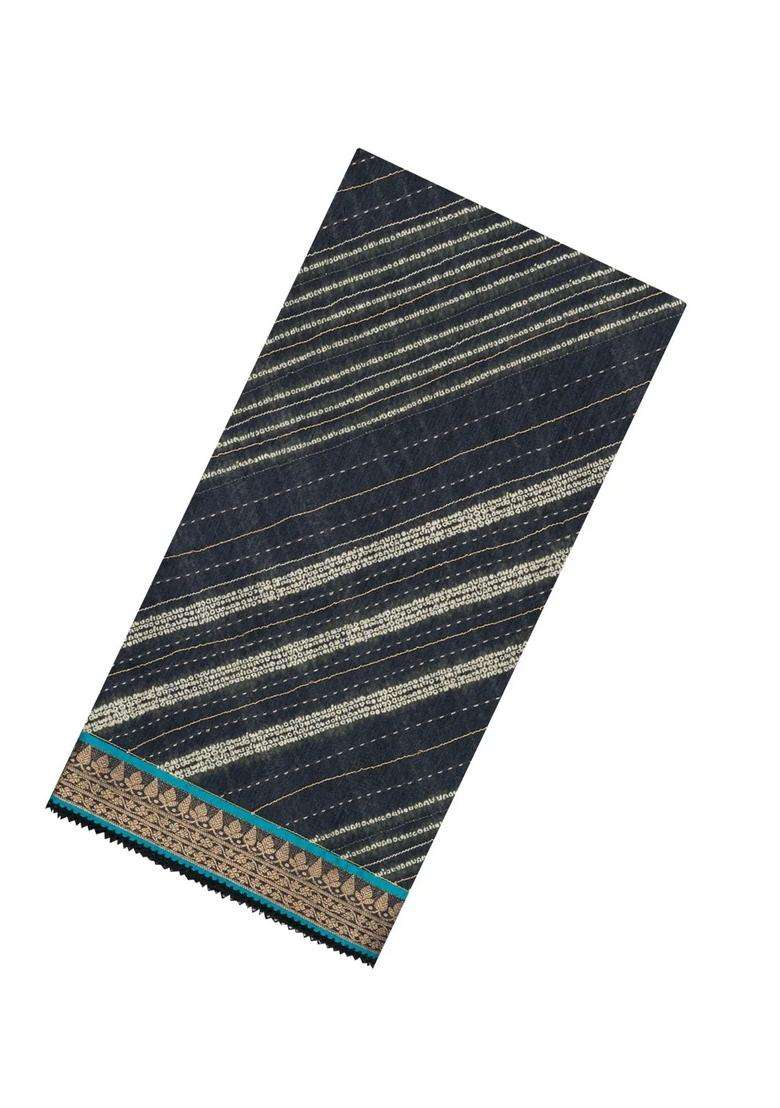Black Woven Tussar Silk Saree With Printed Diagonal Stripes For Women - Indya