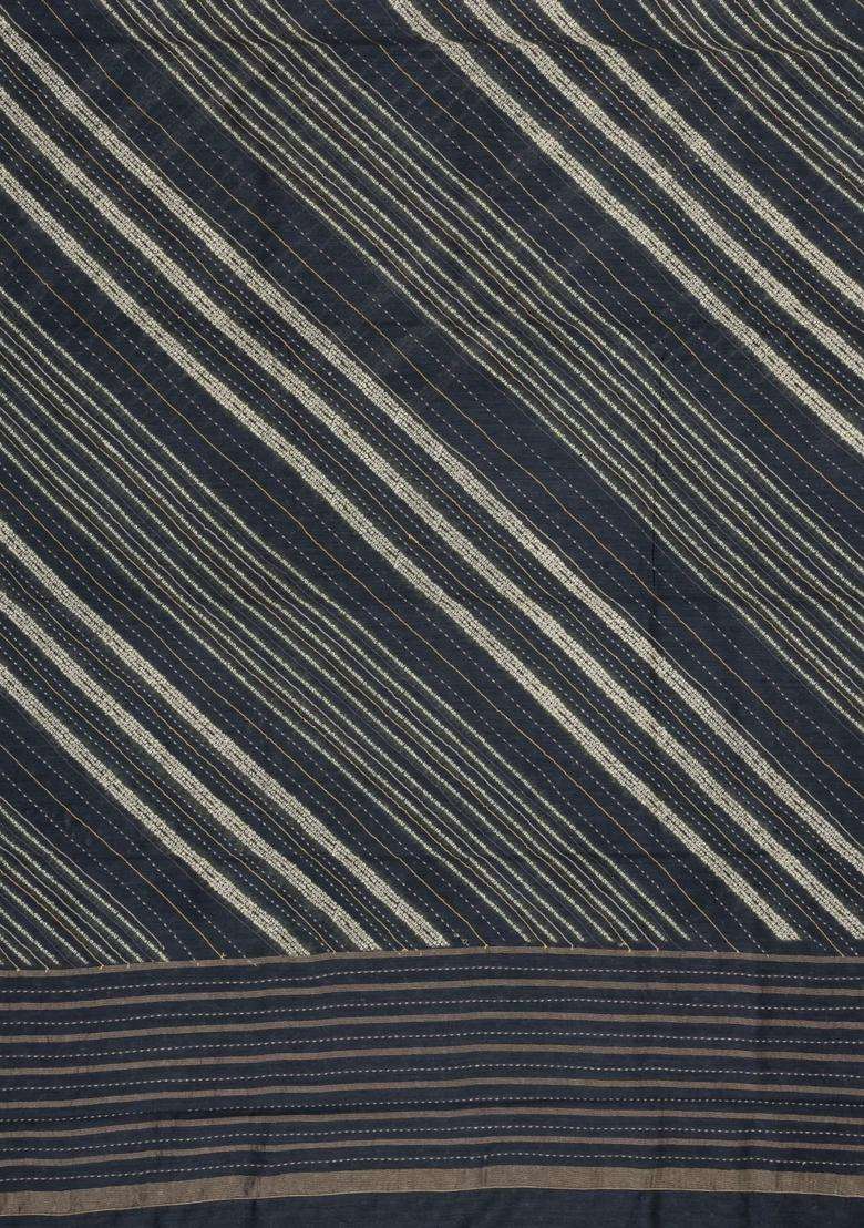 Black Woven Tussar Silk Saree With Printed Diagonal Stripes For Women - Indya