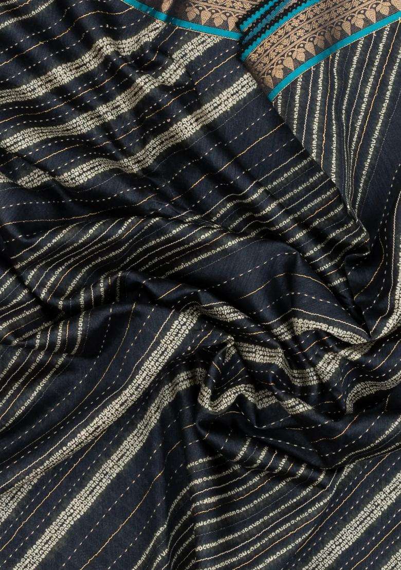 Black Woven Tussar Silk Saree With Printed Diagonal Stripes For Women - Indya