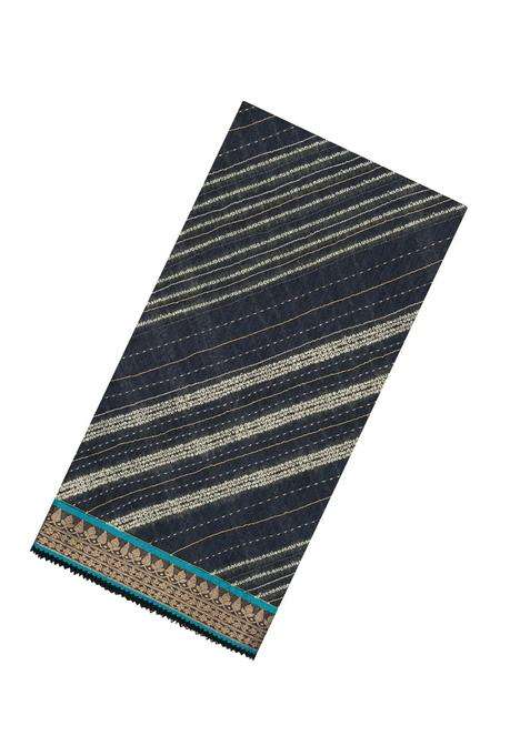 Black Woven Tussar Silk Saree With Printed Diagonal Stripes For Women
