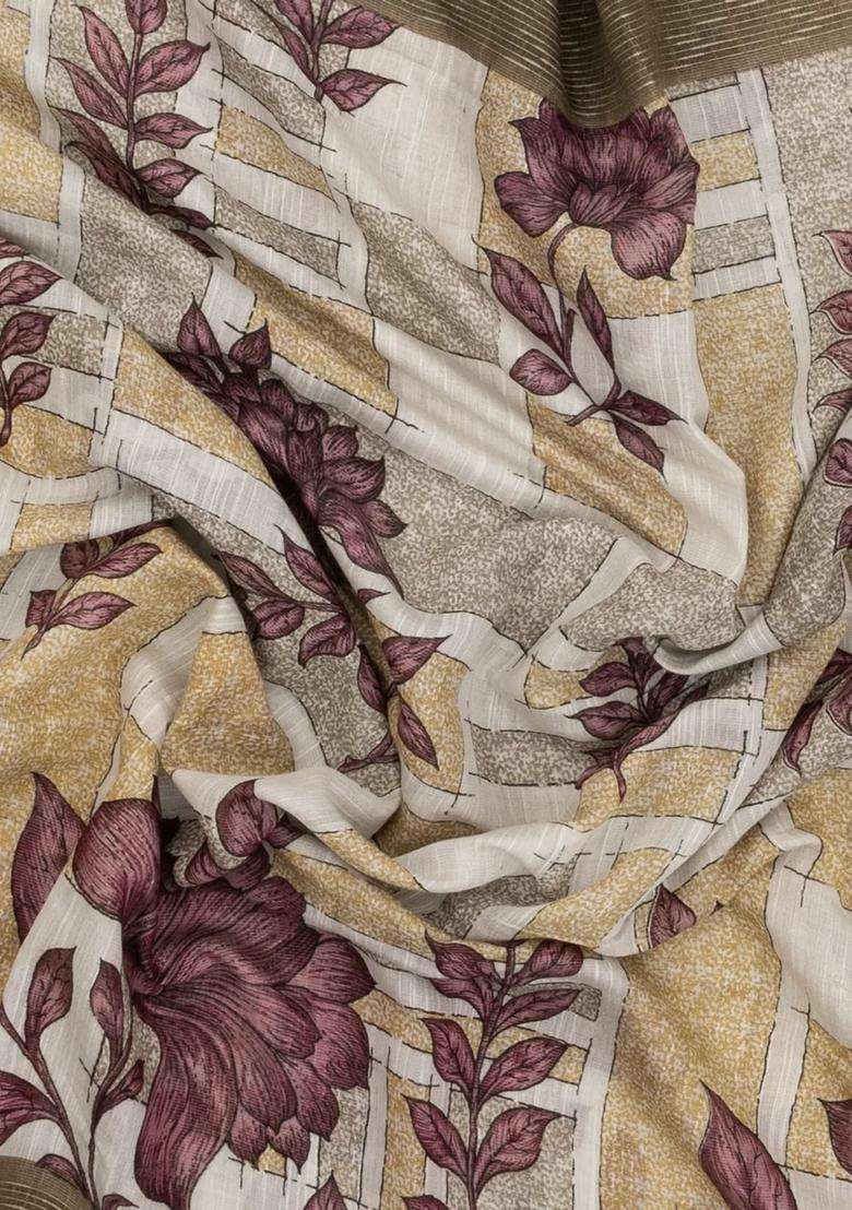 Chestnut Pink Woven Blended Linen Saree With Printed Floral Motifs For Women - Indya