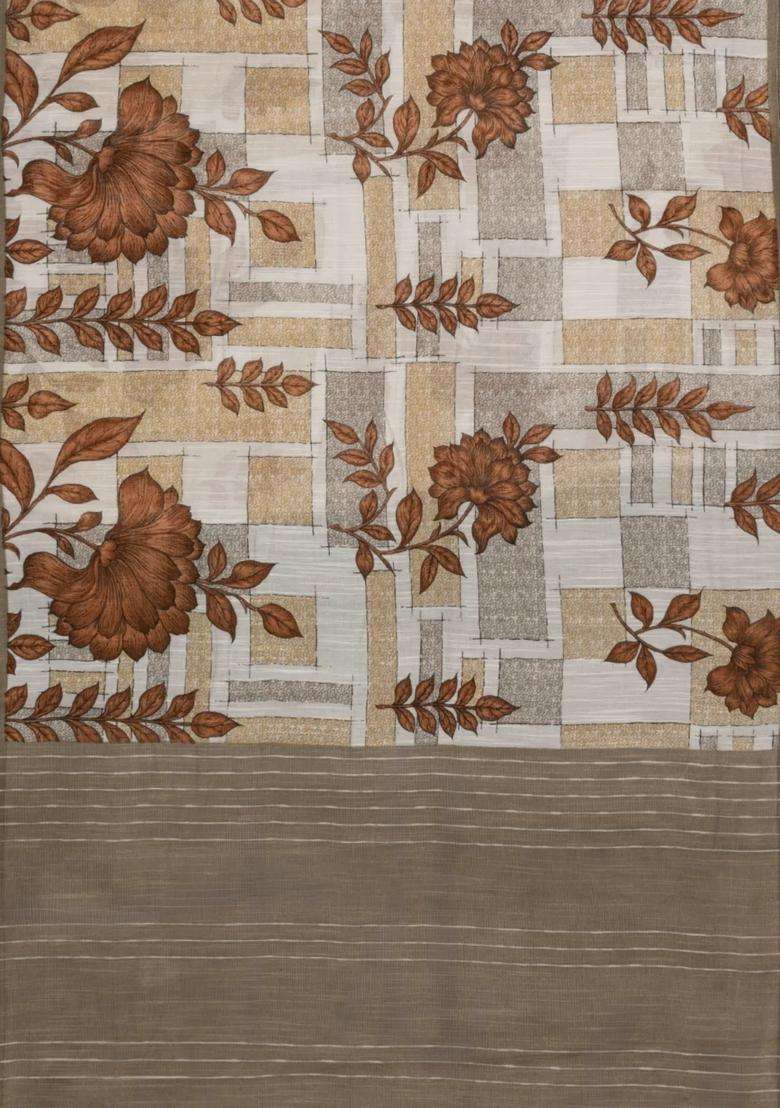 Brown Woven Blended Linen Saree With Printed Floral Motifs For Women - Indya
