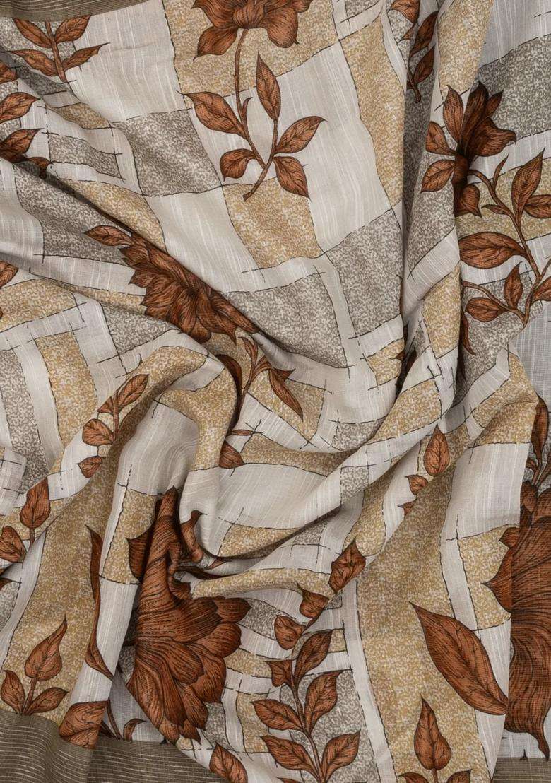 Brown Woven Blended Linen Saree With Printed Floral Motifs For Women - Indya