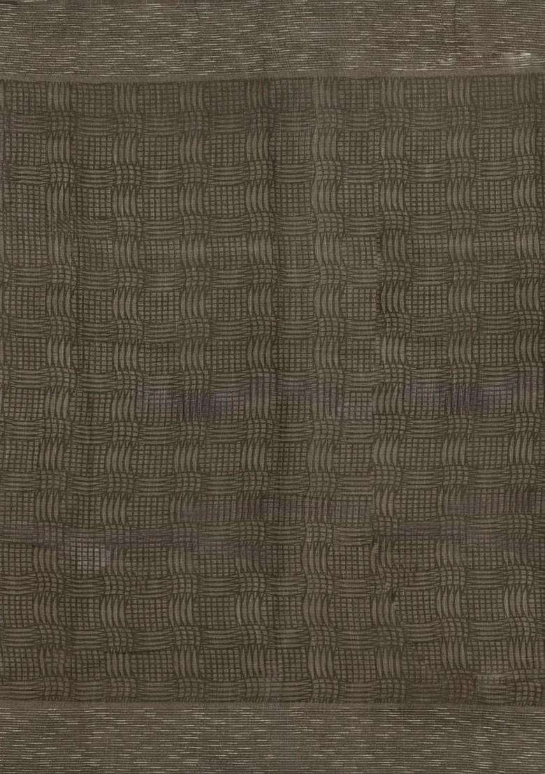 Brown Woven Blended Linen Saree With Printed Floral Motifs For Women - Indya