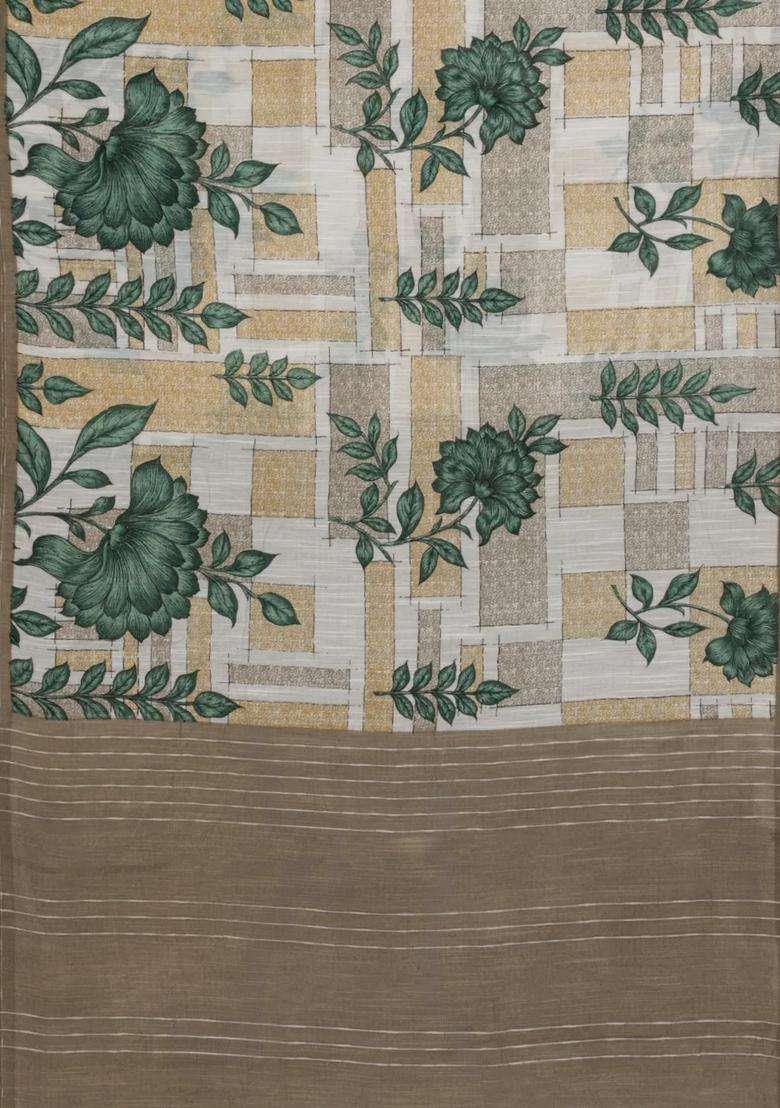 Green Woven Blended Linen Saree With Printed Floral Motifs For Women - Indya