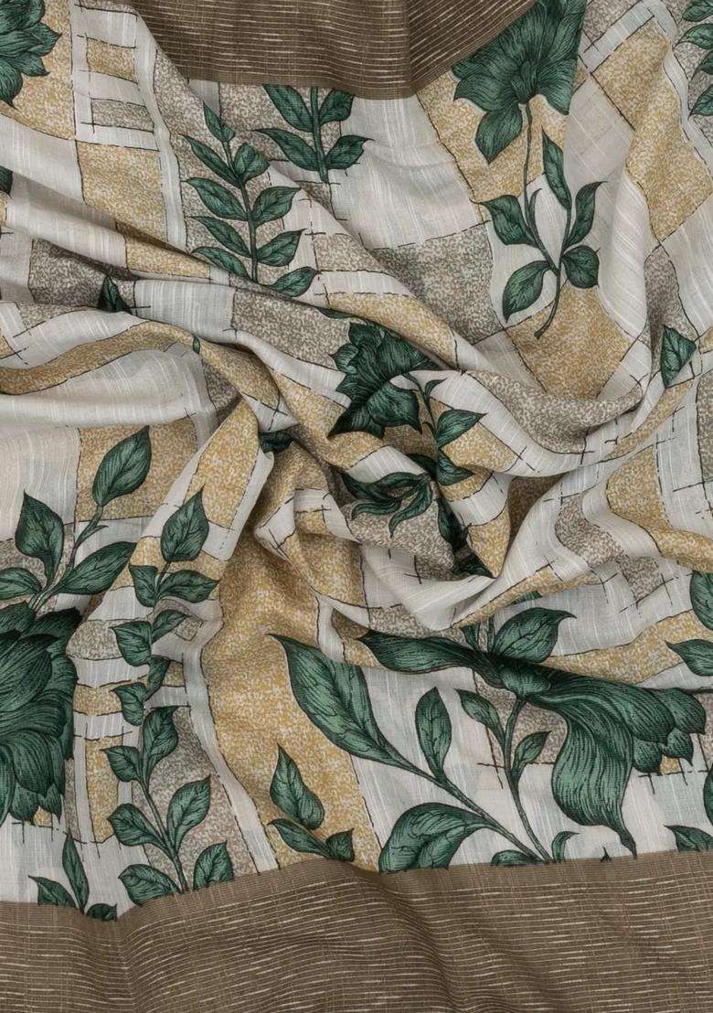 Green Woven Blended Linen Saree With Printed Floral Motifs For Women - Indya