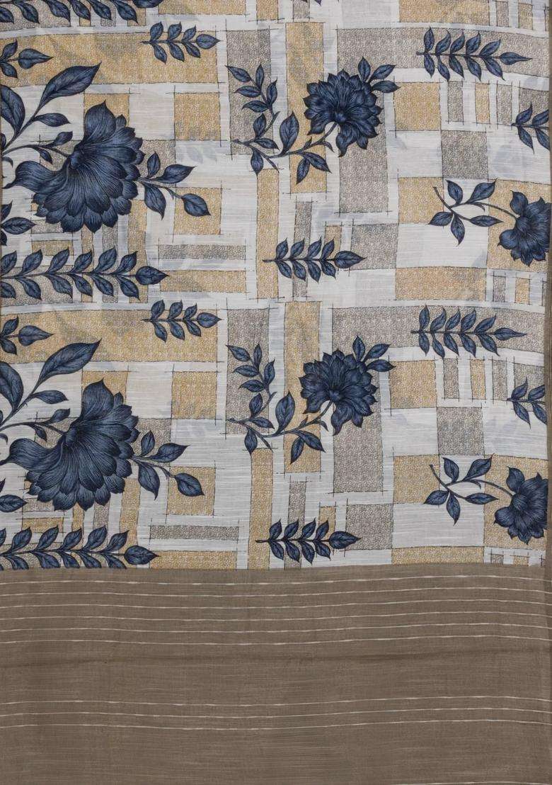 Blue Woven Blended Linen Saree With Printed Floral Motifs For Women - Indya