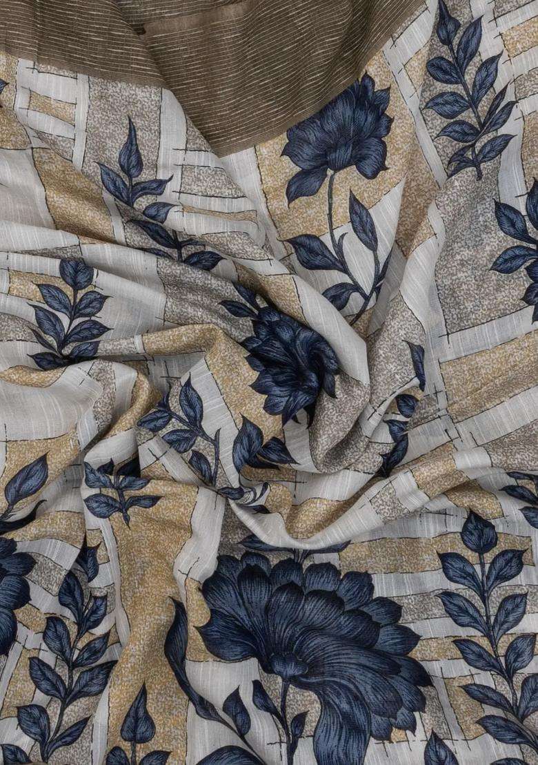 Blue Woven Blended Linen Saree With Printed Floral Motifs For Women - Indya