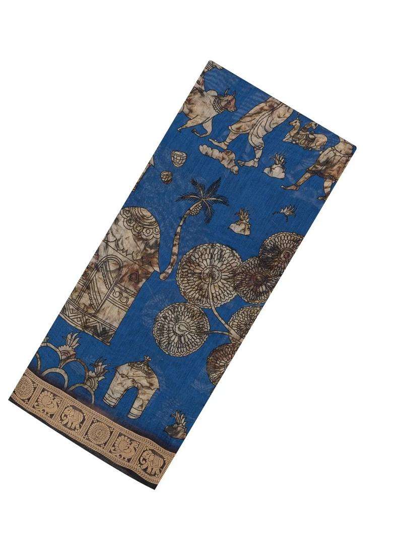 Blue Woven Synthetic Viscose Art Silk Saree With Printed Village Motifs For Women - Indya