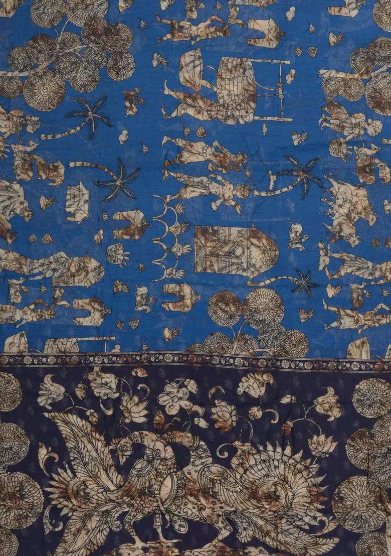 Blue Woven Synthetic Viscose Art Silk Saree With Printed Village Motifs For Women - Indya