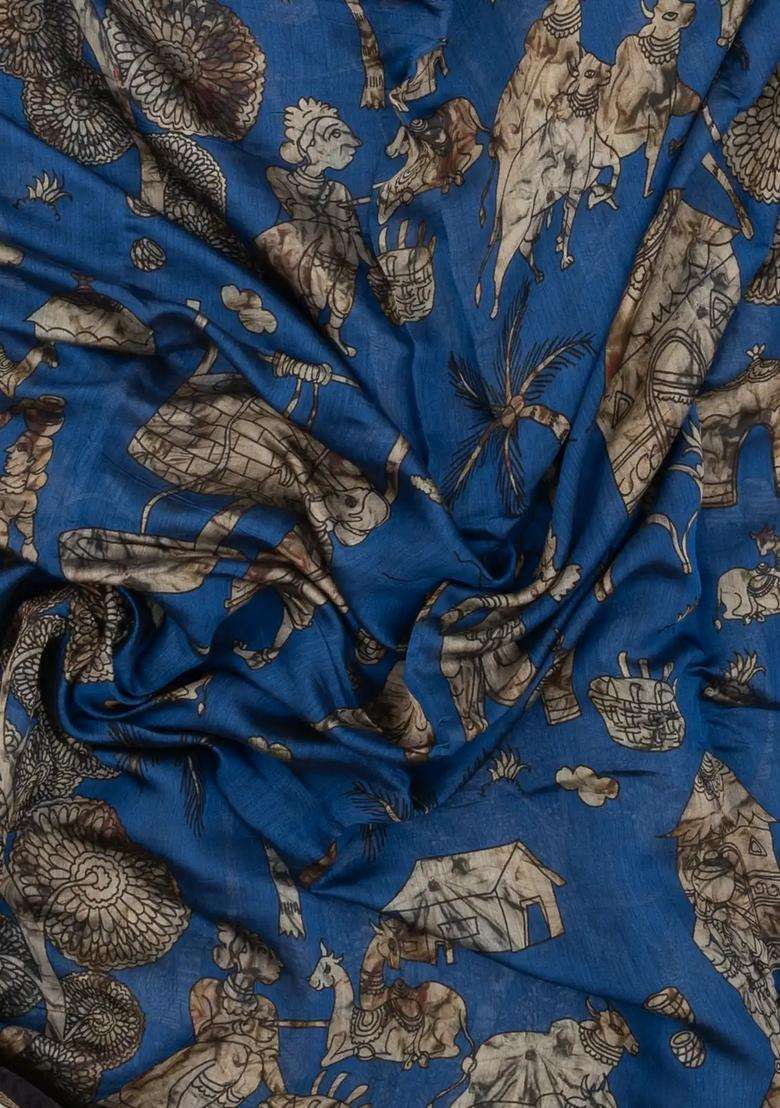 Blue Woven Synthetic Viscose Art Silk Saree With Printed Village Motifs For Women - Indya