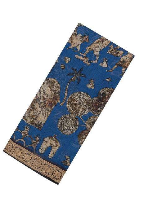 Blue Woven Synthetic Viscose Art Silk Saree With Printed Village Motifs For Women