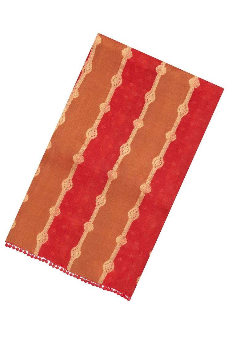 Dark Peach Woven Synthetic Satin Art Silk Saree With Floral Zari Motifs With Buttas And Brocade Design For Women - Indya