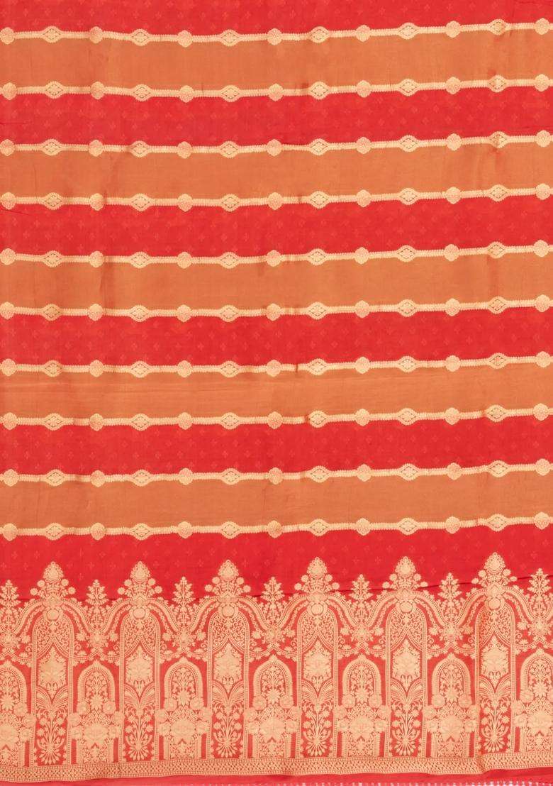 Dark Peach Woven Synthetic Satin Art Silk Saree With Floral Zari Motifs With Buttas And Brocade Design For Women - Indya