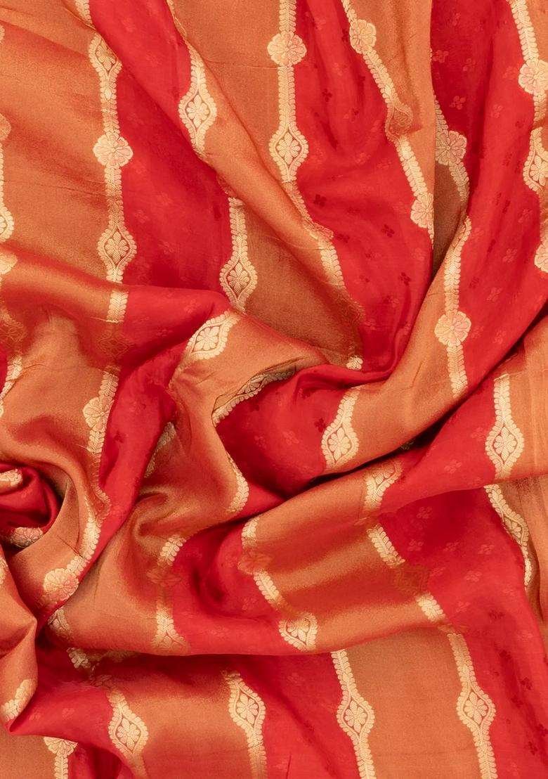 Dark Peach Woven Synthetic Satin Art Silk Saree With Floral Zari Motifs With Buttas And Brocade Design For Women - Indya