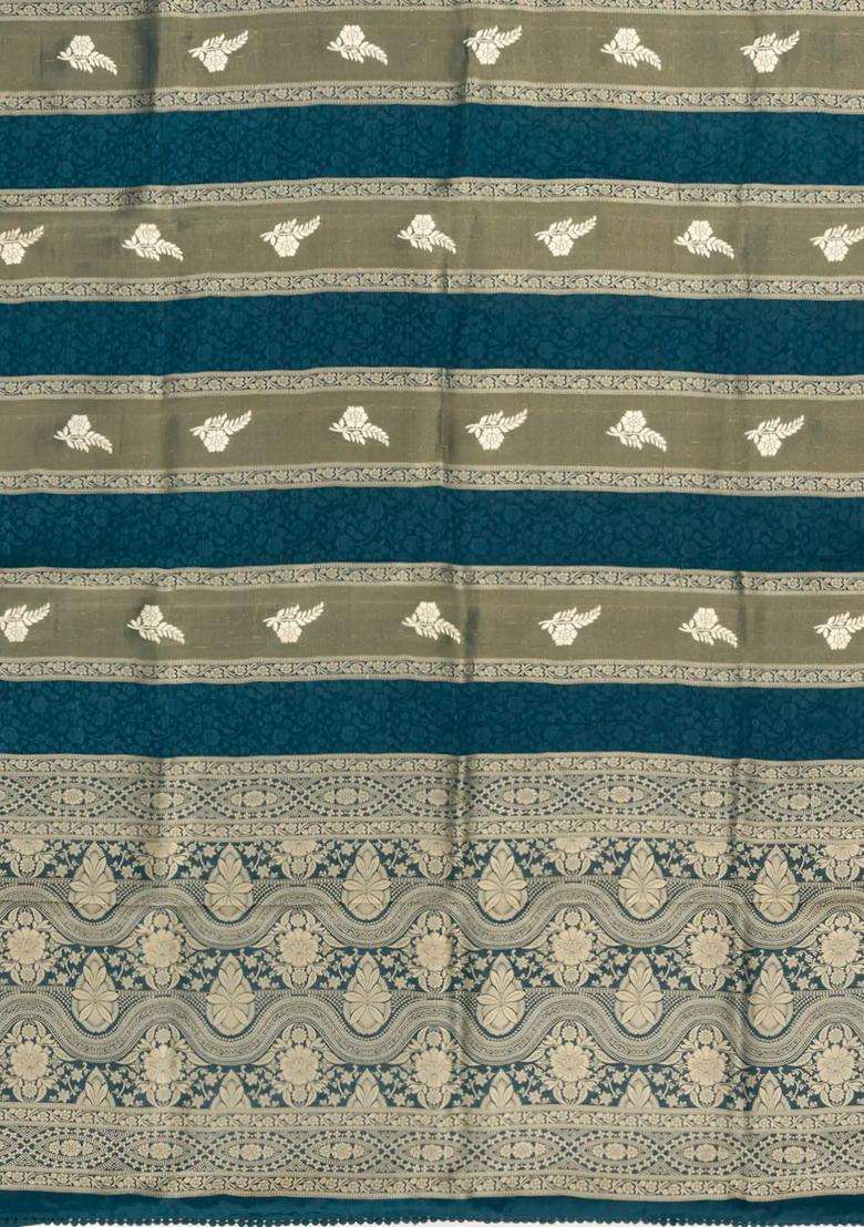 Navy Blue Woven Synthetic Satin Art Silk Saree With Floral Zari Motifs With Buttas And Brocade Design For Women - Indya