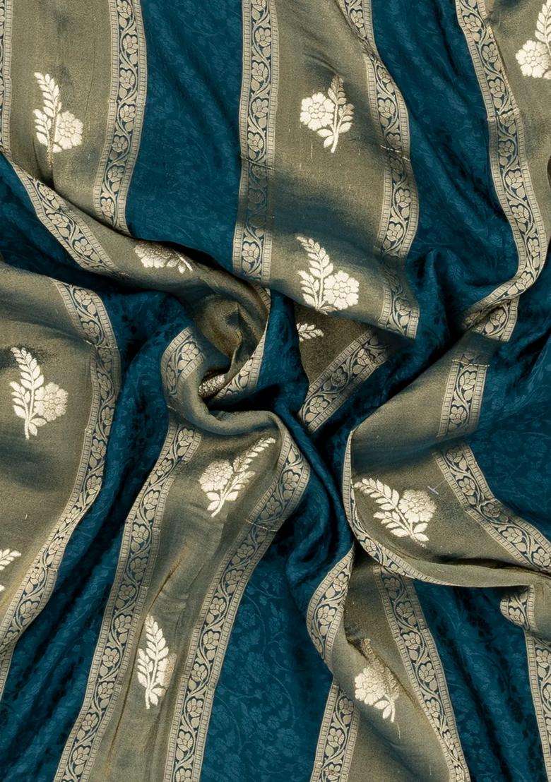 Navy Blue Woven Synthetic Satin Art Silk Saree With Floral Zari Motifs With Buttas And Brocade Design For Women - Indya