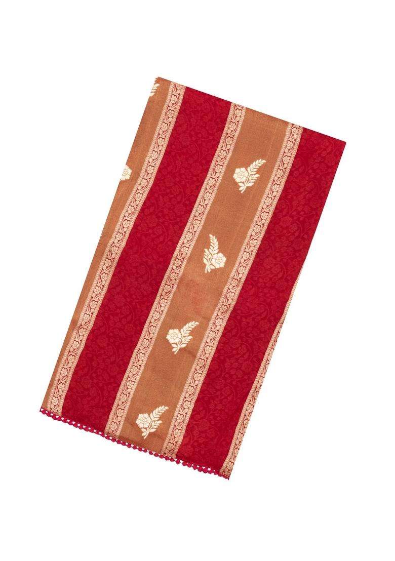 Crimson Woven Synthetic Satin Art Silk Saree With Floral Zari Motifs With Buttas And Brocade Design For Women - Indya