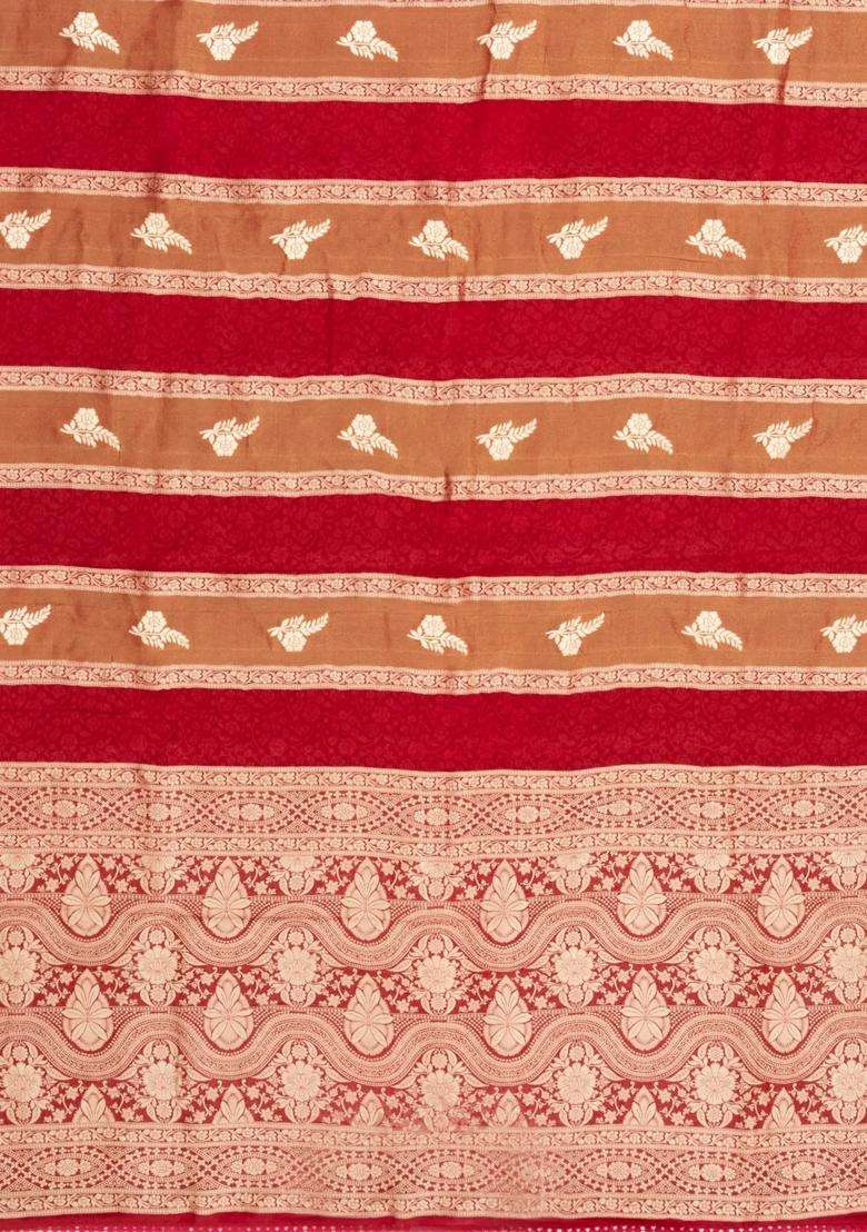 Crimson Woven Synthetic Satin Art Silk Saree With Floral Zari Motifs With Buttas And Brocade Design For Women - Indya