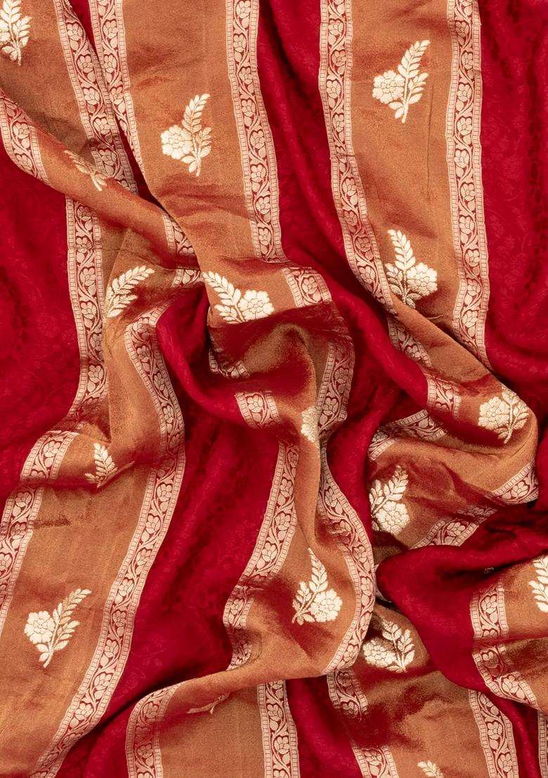 Crimson Woven Synthetic Satin Art Silk Saree With Floral Zari Motifs With Buttas And Brocade Design For Women - Indya