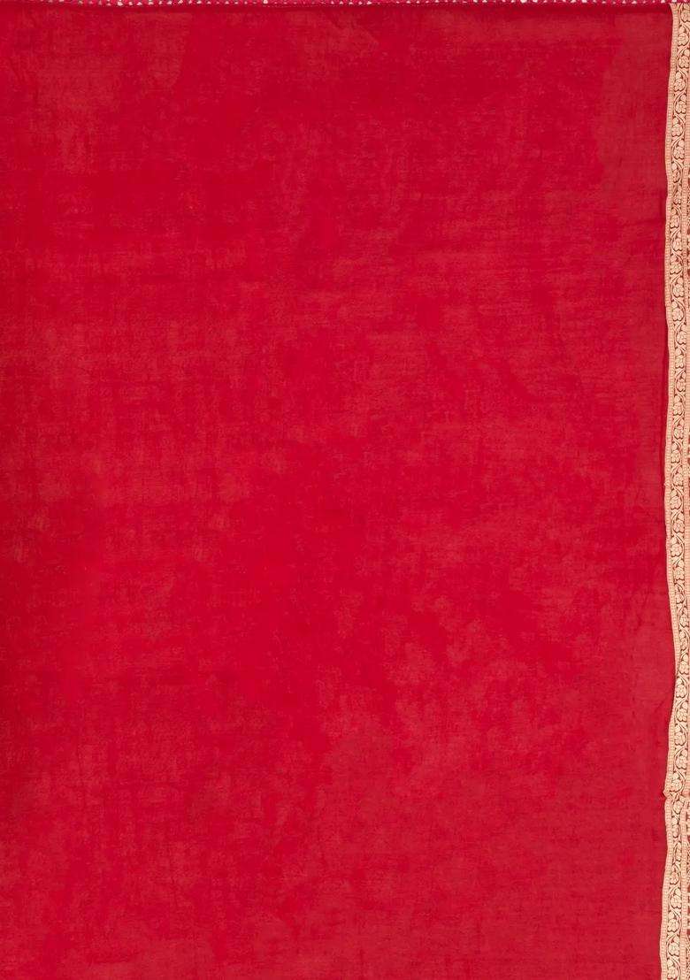 Crimson Woven Synthetic Satin Art Silk Saree With Floral Zari Motifs With Buttas And Brocade Design For Women - Indya