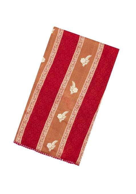 Crimson Woven Synthetic Satin Art Silk Saree With Floral Zari Motifs With Buttas And Brocade Design For Women