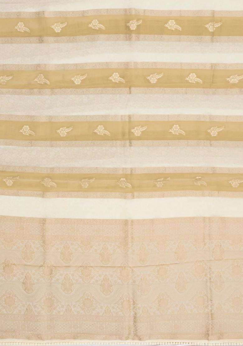 Off White Woven Synthetic Satin Art Silk Saree With Floral Zari Motifs With Buttas And Brocade Design For Women - Indya