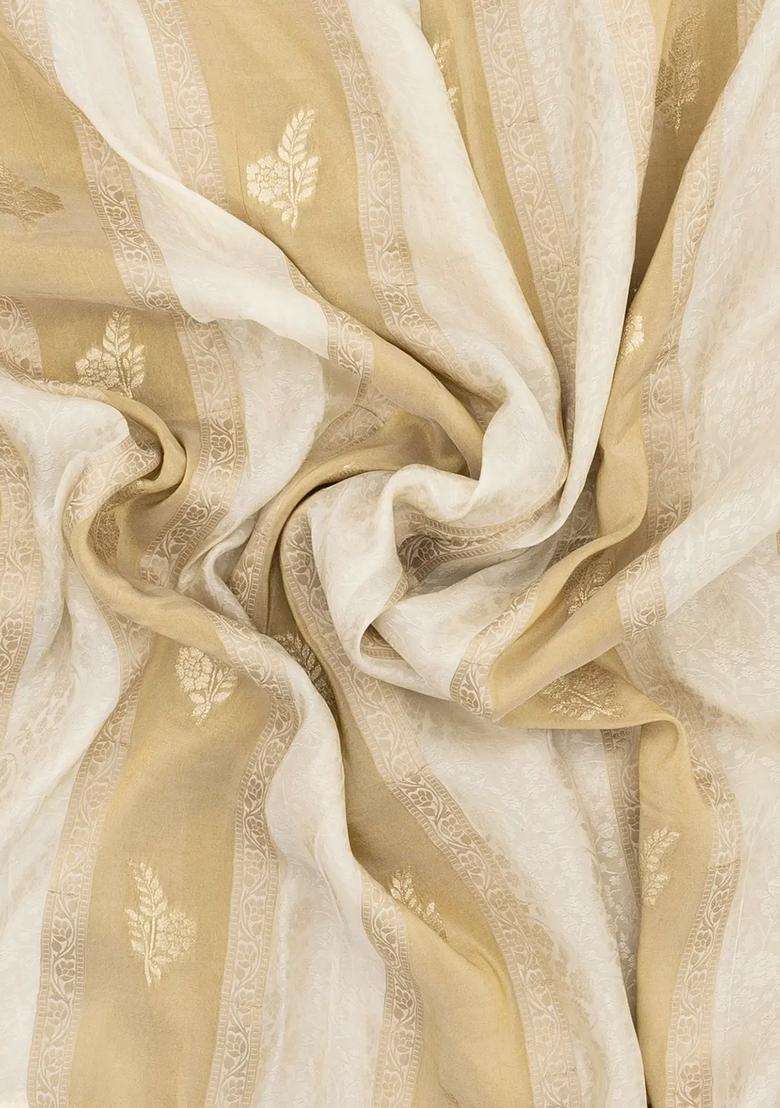 Off White Woven Synthetic Satin Art Silk Saree With Floral Zari Motifs With Buttas And Brocade Design For Women - Indya