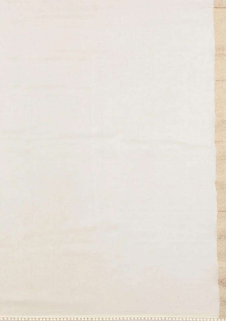 Off White Woven Synthetic Satin Art Silk Saree With Floral Zari Motifs With Buttas And Brocade Design For Women - Indya