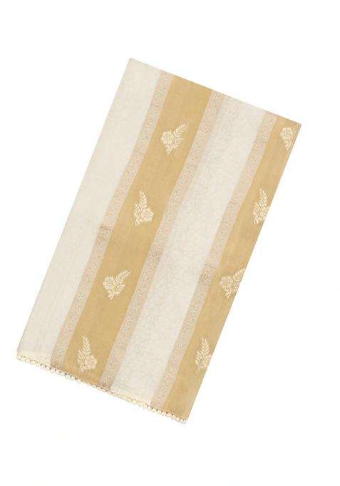 Off White Woven Synthetic Satin Art Silk Saree With Floral Zari Motifs With Buttas And Brocade Design For Women