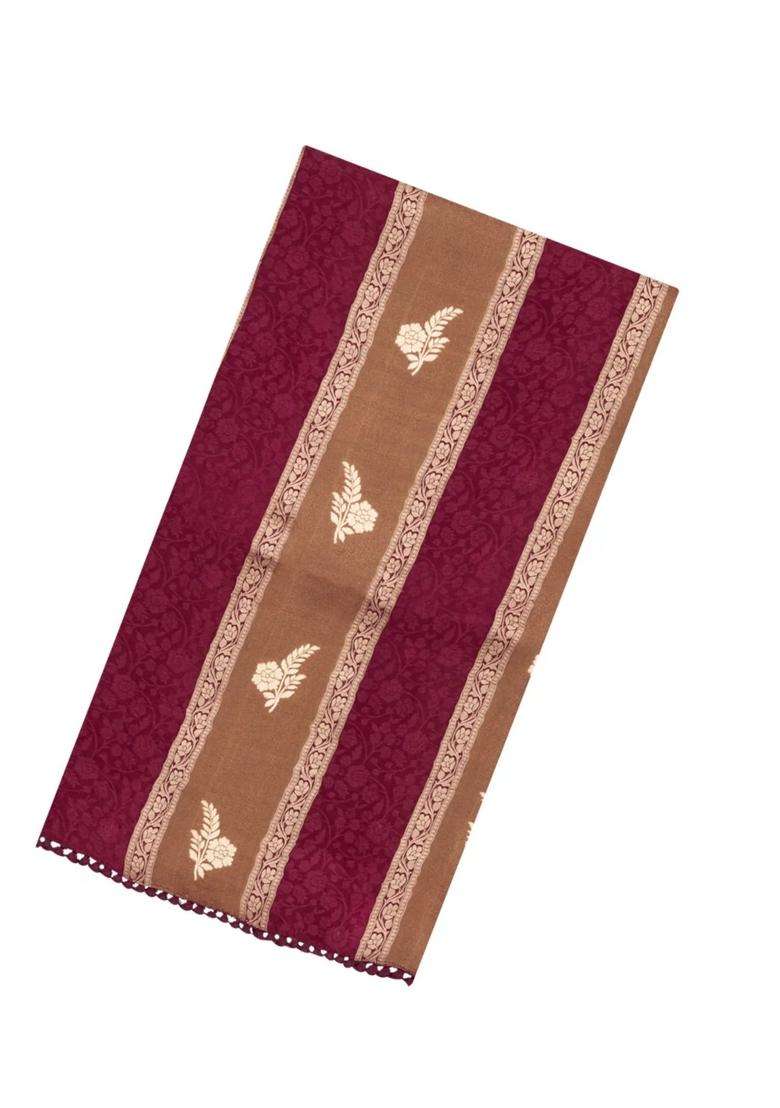 Maroon Woven Synthetic Satin Art Silk Saree With Floral Zari Motifs With Buttas And Brocade Design For Women - Indya
