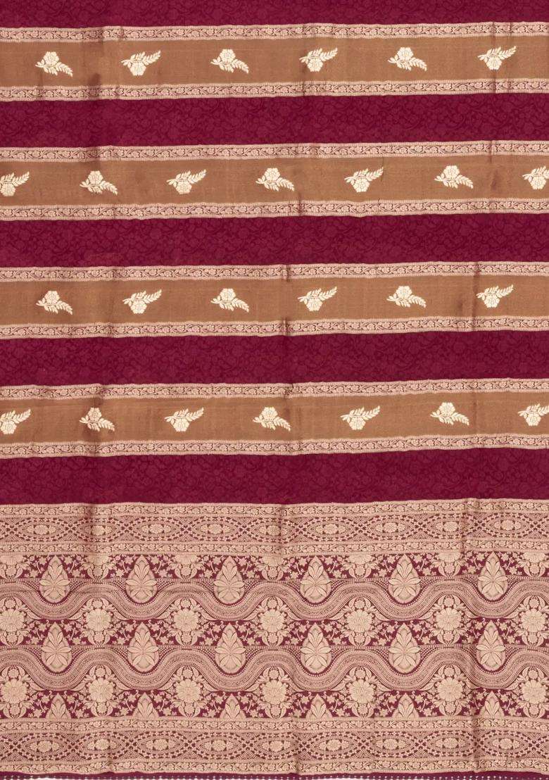 Maroon Woven Synthetic Satin Art Silk Saree With Floral Zari Motifs With Buttas And Brocade Design For Women - Indya