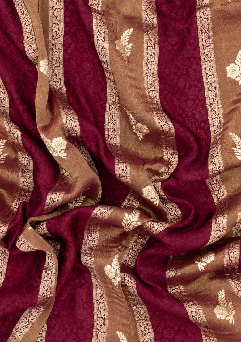 Maroon Woven Synthetic Satin Art Silk Saree With Floral Zari Motifs With Buttas And Brocade Design For Women - Indya